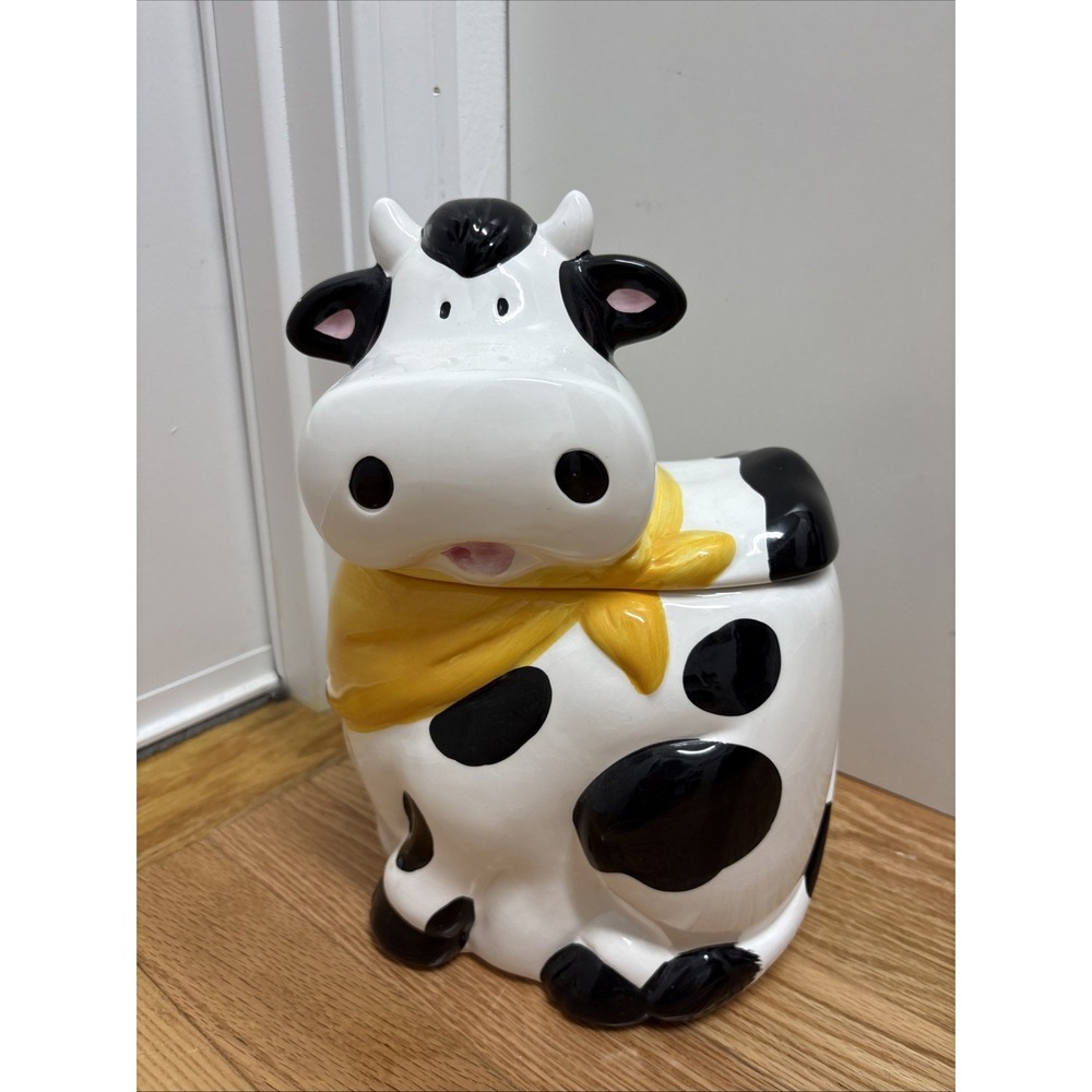 Vintage Cooks Club B&W Ceramic Cow Cookie Jar With Yellow Bandana